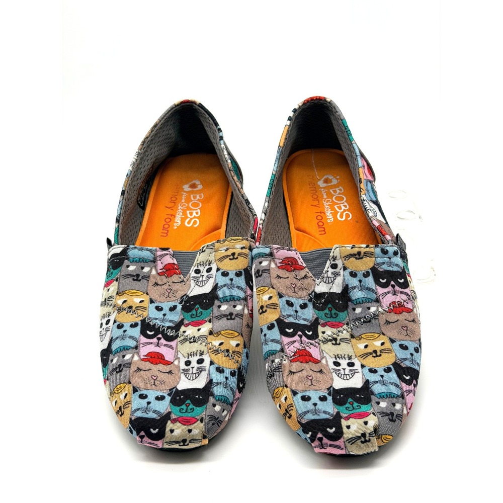 BOBS Skechers Womens 7 Cat Print Slip On Shoes Memory Foam Multicolor Cats